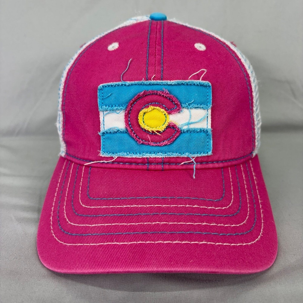 Hat Graphix Trucker Hat Colorado Flag Womens OSFM Pink Mesh Back Distressed